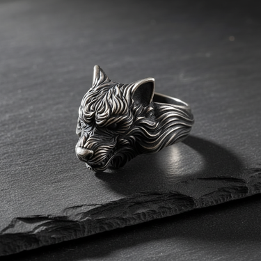 Side angle of silver wolf head ring displaying oxidized finish and flowing mane design for men