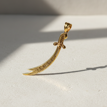 Gold vermeil Zulfiqar sword pendant with Arabic calligraphy standing upright on textured surface