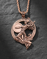 Rose gold plated Silver Athena Pendant featuring Greek goddess with shield and spear on dark stone background