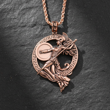 Rose gold plated Silver Athena Pendant featuring Greek goddess with shield and spear on dark stone background