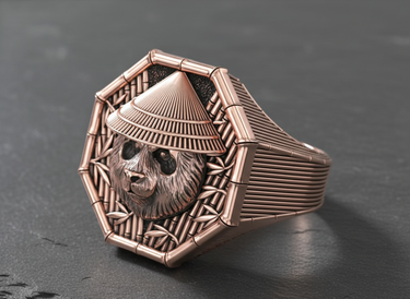 Side profile of rose gold panda ring showing ribbed band design and intricate animal relief details