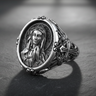 Silver Virgin Mary ring in 925 sterling silver, angled view showing the high-relief portrait and Gothic cross detail.