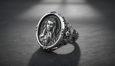 Silver Virgin Mary ring in 925 sterling silver, angled view showing the high-relief portrait and Gothic cross detail.