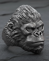 Side profile of handcrafted silver gorilla ring showing intricate ear detail and oxidized finish for depth and contrast