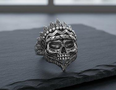 Front angle view of handcrafted 925 sterling silver Indian skull ring with detailed feather headdress on dark stone
