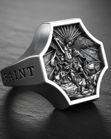 925 sterling silver Saint Michael ring with oxidized finish showing detailed religious carving and side text