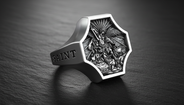 925 sterling silver Saint Michael ring with oxidized finish showing detailed religious carving and side text