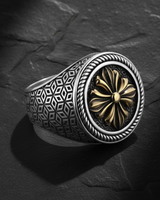 Angled view of gothic cross ring highlighting oxidized finish and detailed vintage metalwork craftsmanship