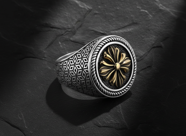 Angled view of gothic cross ring highlighting oxidized finish and detailed vintage metalwork craftsmanship