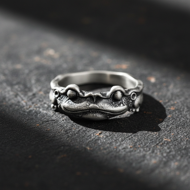Front view of handcrafted 925 sterling silver frog ring featuring textured skin details and prominent eyes on dark background