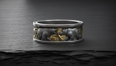 Close-up of handcrafted ring showing textured bear fur and jagged ice design details on wedding band