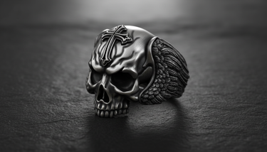 Close-up of the handcrafted silver skull cross ring on a dark slate surface, emphasizing the gothic aesthetic.