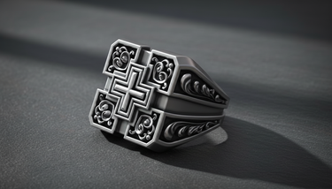 Angled view showing detailed side shank engravings and thickness of heavy handcrafted silver square cross ring