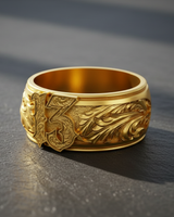 Gold vermeil Lucky 13 band ring showcasing detailed floral patterns and bold number design in warm light