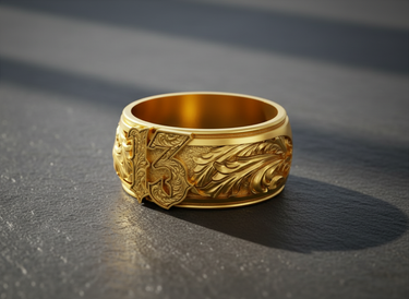 Gold vermeil Lucky 13 band ring showcasing detailed floral patterns and bold number design in warm light