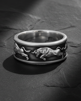 Side view of 925 sterling silver bull ring showing oxidized finish and intricate animal relief details