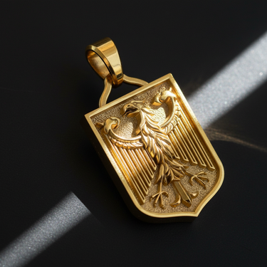 Gold vermeil German Eagle pendant on black background showing detailed shield texture and raised relief