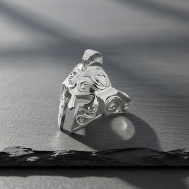 Polished 925 sterling silver Spartan helmet ring with a bright, reflective finish, angled to show design depth and shadow.