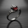 Side profile of handcrafted 925 sterling silver Claddagh ring showing hands holding a red heart