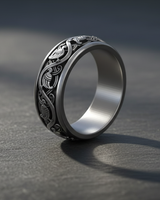 Side angle of 925 sterling silver wedding band showing thick profile and continuous Scandinavian bird design