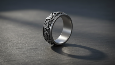 Side angle of 925 sterling silver wedding band showing thick profile and continuous Scandinavian bird design