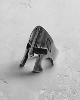 Side profile of sterling silver warrior helmet ring with detailed handcrafted metalwork