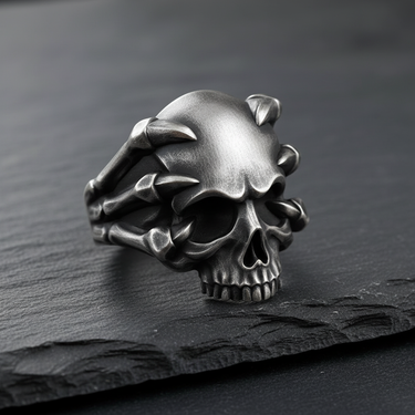 Side profile of gothic silver skull ring showing intricate bone talons and oxidized finish for depth and contrast