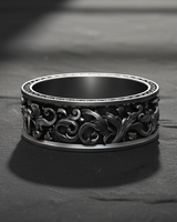 925 sterling silver wedding band with oxidized finish highlighting the intricate baroque leaf ornaments