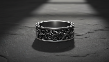 925 sterling silver wedding band with oxidized finish highlighting the intricate baroque leaf ornaments