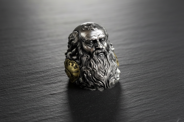 Angled perspective of Father Time silver ring highlighting intricate beard texture and mythological design elements