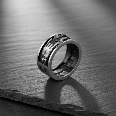 Side view of silver music ring showing rock on hand gesture and studded wristband detail