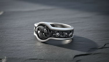 Side angle of silver Japanese koi ring showing detailed lotus flower engravings and thick band profile