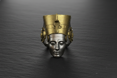 Front view of Nefertiti silver ring showing detailed facial features and iconic crown design in two-tone 925 sterling silver
