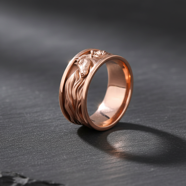 Close-up of stallion head design on sterling silver ring highlighting oxidized finish details