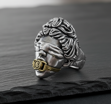 Side profile of the handcrafted sterling silver Lady Justice ring, highlighting the detailed hair and antique texture.