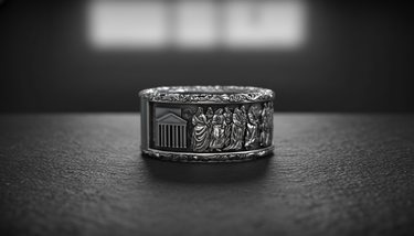 Close-up of 925 silver wedding band with intricate biblical figures and oxidized finish details