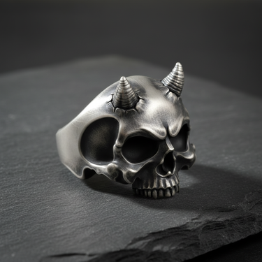 Angled side view of handcrafted silver devil skull ring showing hollow eye sockets and detailed skull jaw structure