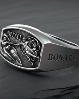 Side view of silver art history ring showing BONAROTI engraving on the shank with oxidized finish details