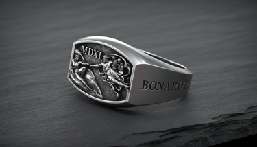 Side view of silver art history ring showing BONAROTI engraving on the shank with oxidized finish details