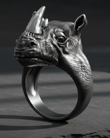 Side profile of detailed Silver Rhinoceros Ring handcrafted from 925 sterling silver with oxidized skin texture