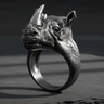 Side profile of detailed Silver Rhinoceros Ring handcrafted from 925 sterling silver with oxidized skin texture