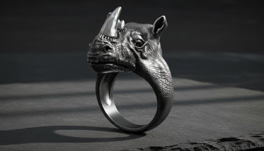 Side profile of detailed Silver Rhinoceros Ring handcrafted from 925 sterling silver with oxidized skin texture