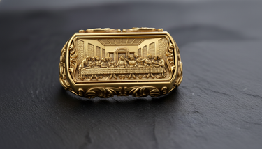 Gold vermeil silver Last Supper ring featuring detailed relief of Jesus and disciples on rectangular face