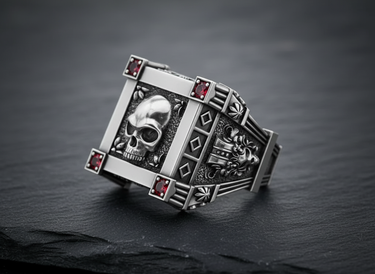 Side view of silver skull ring showing intricate gothic architectural shank details and floral motifs