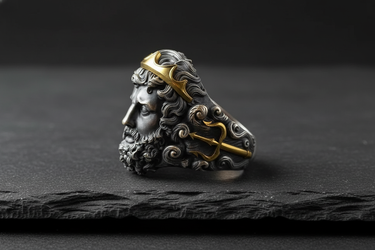 Side profile of sterling silver Greek god ring showing a gold trident symbol and intricate wave engravings on the band