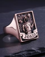 Rose gold vermeil signet ring with detailed Joker banner and skull motifs for men