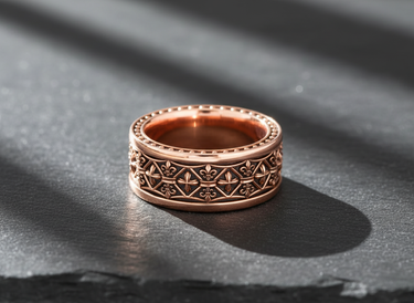 Rose gold vermeil Silver Fleur-de-lis Ring with milgrain edges, casting a shadow on a textured black surface.
