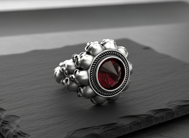 Top-down view of the men's silver skull ring, highlighting the detailed skull cluster and the central inverted red stone.