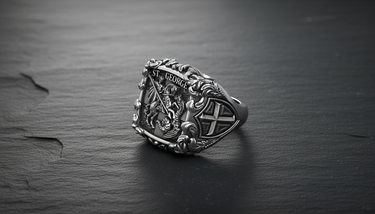 Angled close-up of handcrafted 925 silver ring with Saint George text and intricate religious engraving