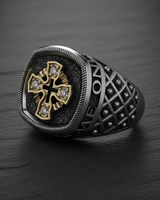 Two-tone 925 sterling silver cross ring featuring gold center with clear stones and quilted band pattern